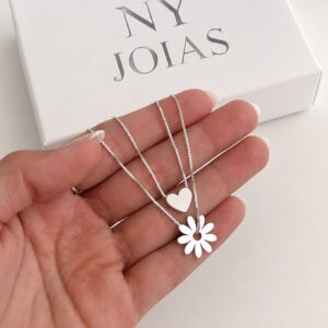 COLAR DUPLO FLOR E CORAÇÃO - PRATA 925